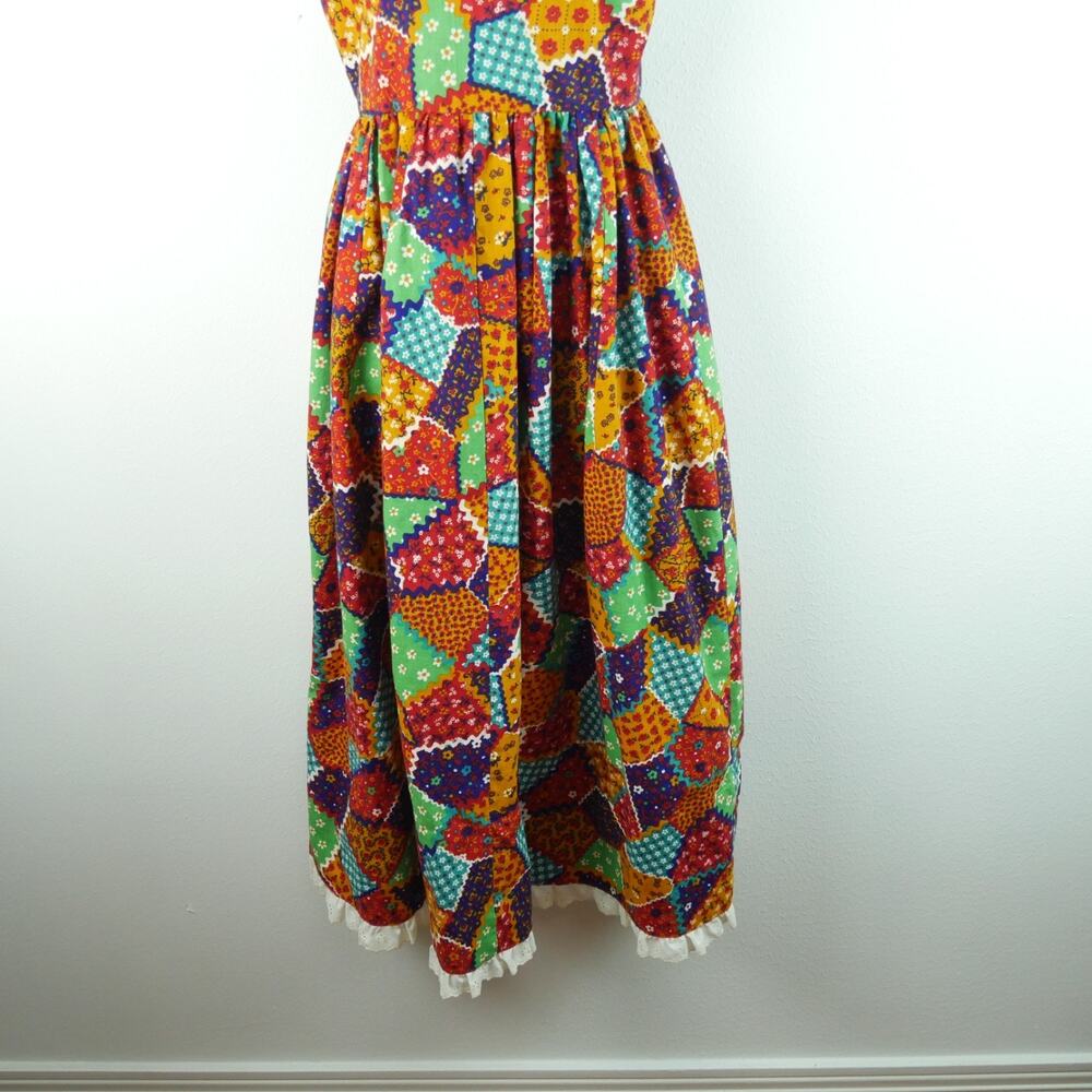 Vintage 70s Pinafore Maxi Dress Apron Patchwork XS S Cottagecore Prairie Ruffle - Picture 4 of 8